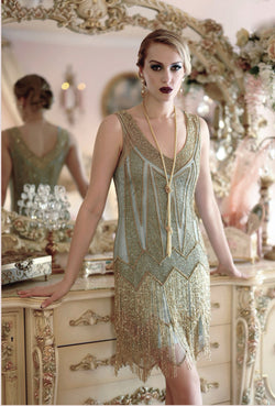 1920s Style Dresses, 1920s Dress Fashions You Will Love 1920S FLAPPER FRINGE GATSBY PARTY DRESS - THE ZENITH - GOLD ON ANTIQUE TURQUOISE  AT vintagedancer.com