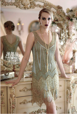 Great Gatsby Costumes –  Gatsby Costumes & Dresses 1920S FLAPPER FRINGE GATSBY PARTY DRESS - THE ZENITH - GOLD ON ANTIQUE TURQUOISE  AT vintagedancer.com
