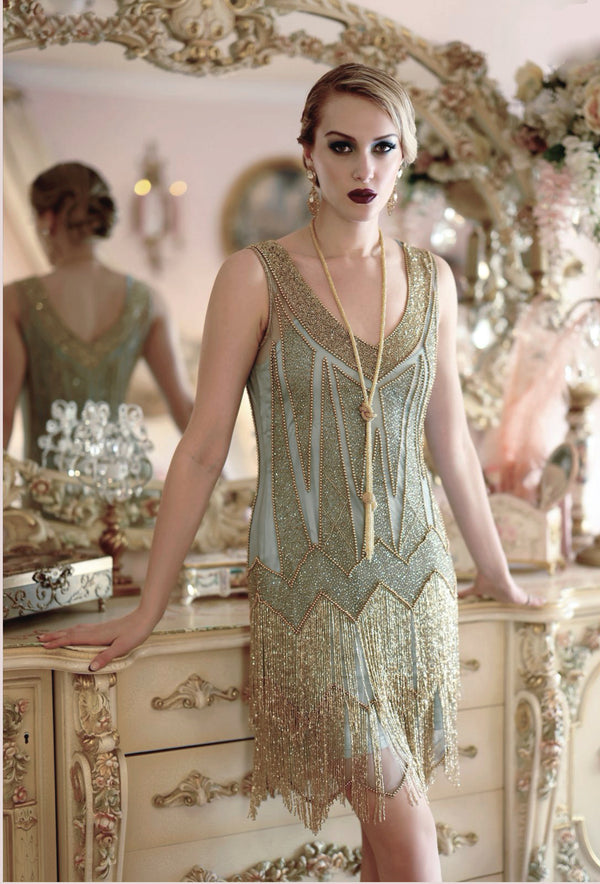 1920s Style Art Deco Flapper Fringe Party Dress - La Bande - Black Whi