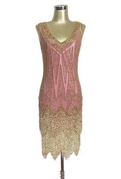 1920's Flapper Fringe Gatsby Party Dress - The Zenith - Gold on Rose Pink