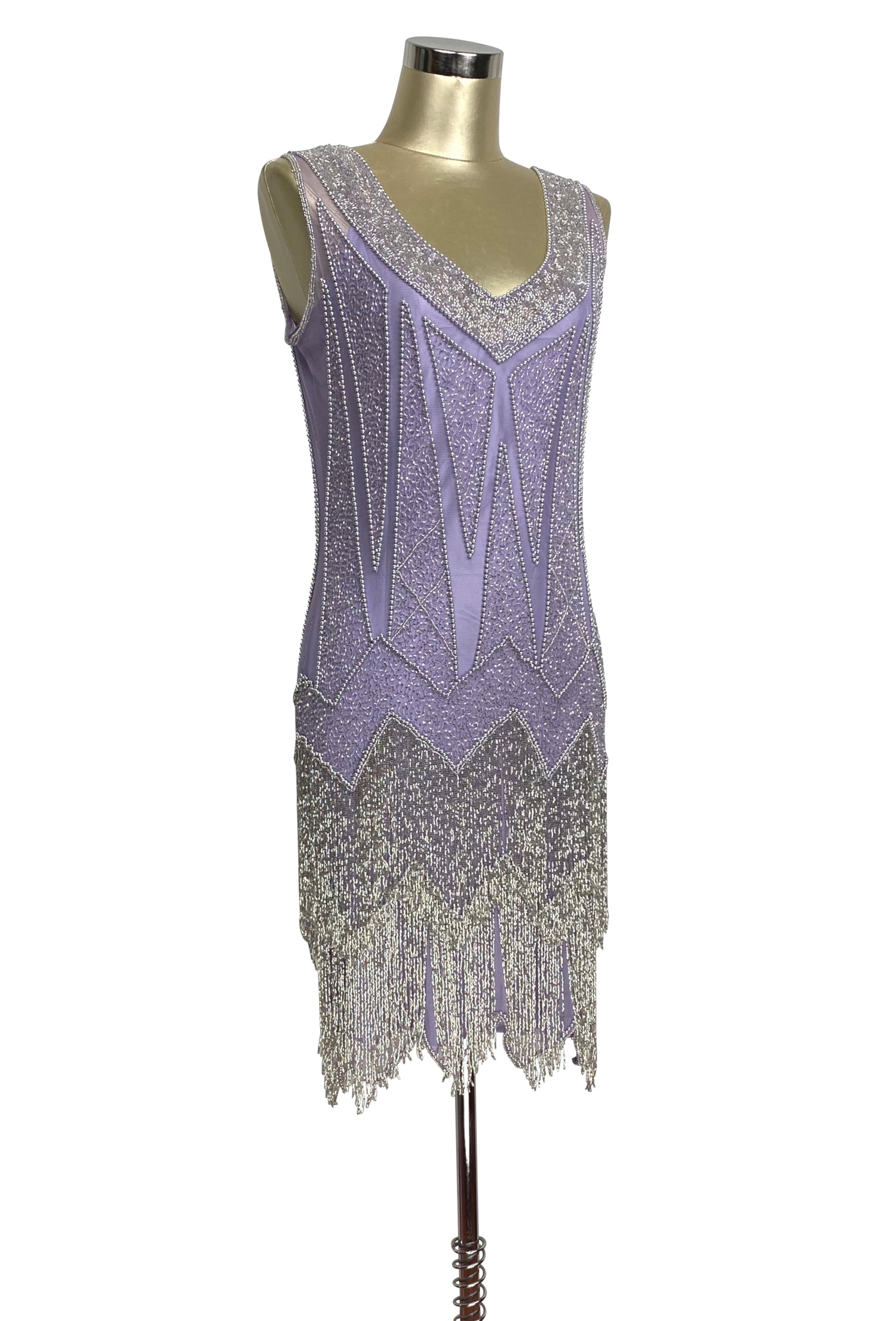 1920's Flapper Fringe Gatsby Party Dress - The Zenith - Silver on Lavender L 1920's Flapper Fringe Gatsby Party Dress - The Zenith - Silver on Lavender L