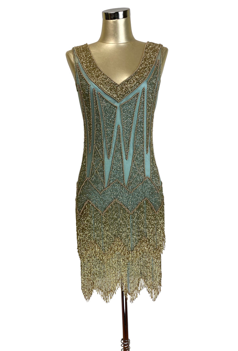 1920's Flapper Fringe Gatsby Party Dress - The Zenith - Gold on Antique Turquoise