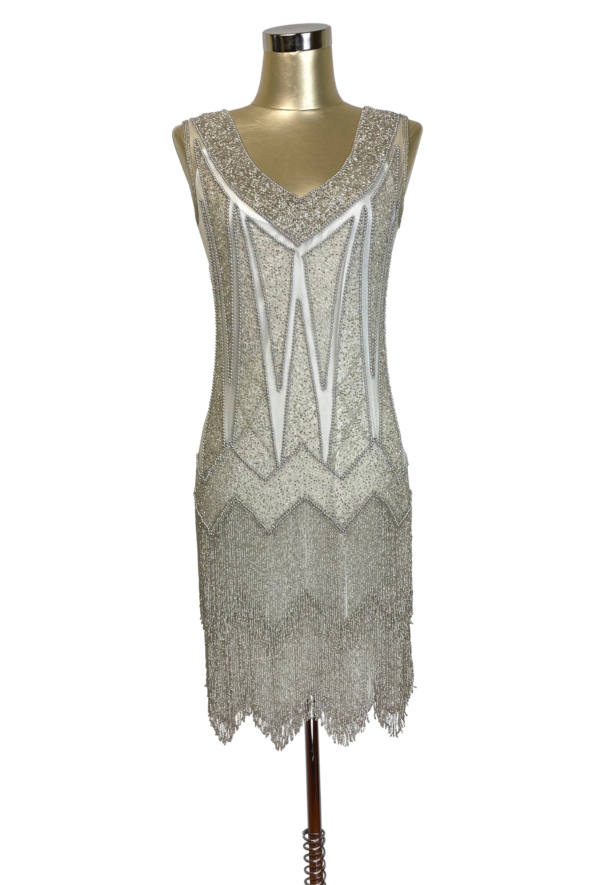 Ivory palladium sequin sleeveless dress with V-neck chevron beading and fringe hem