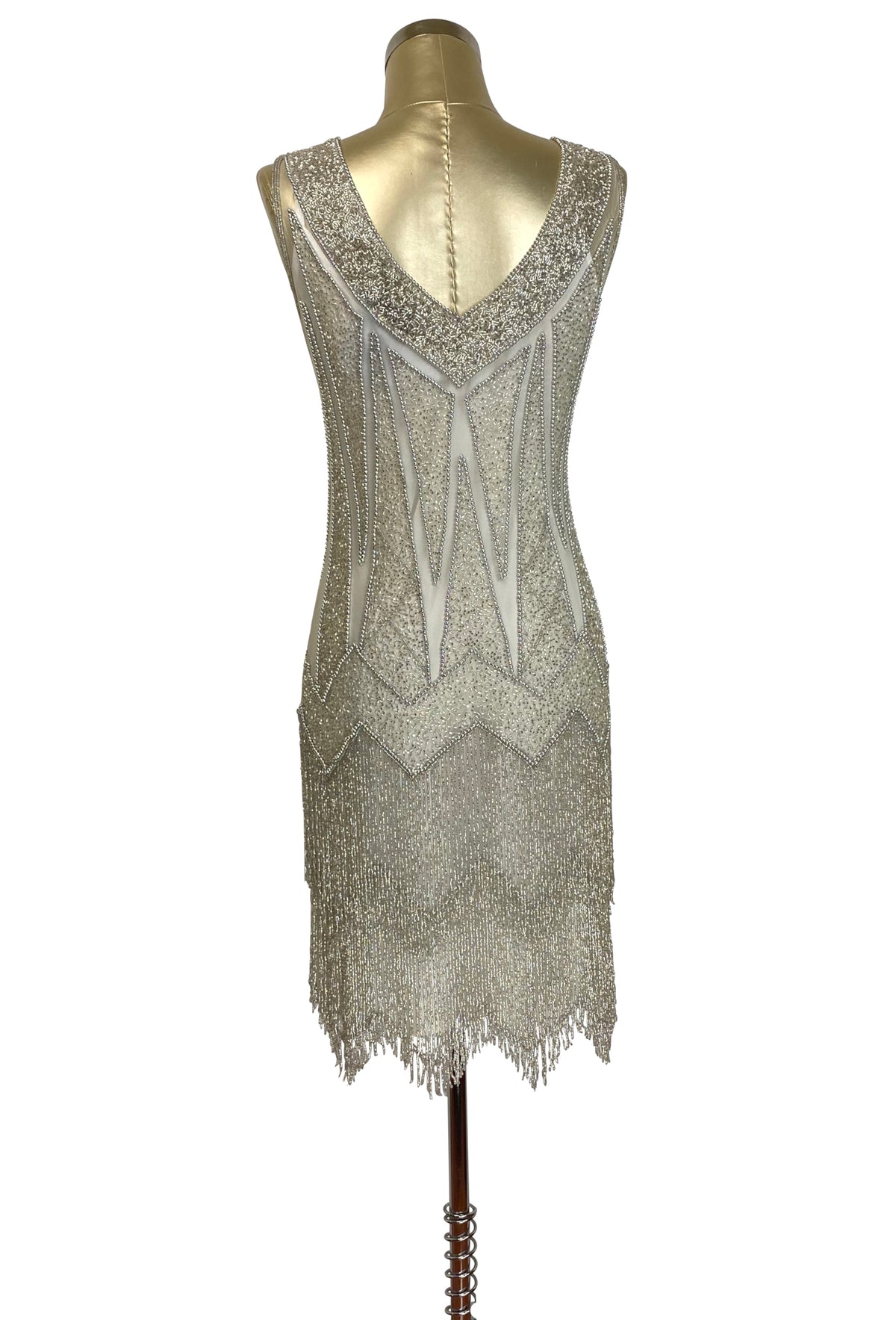 Ivory palladium sequin sleeveless dress with V-back neckline and beaded fringe hem