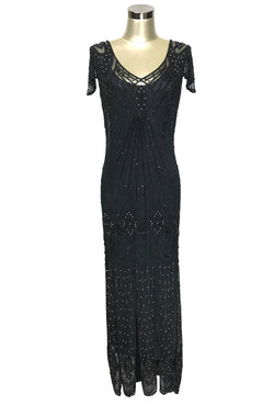 1920's Gatsby Flutter Sleeve Beaded Party Dress - The Starlet - Full-Length - Black Pearl - The Deco Haus