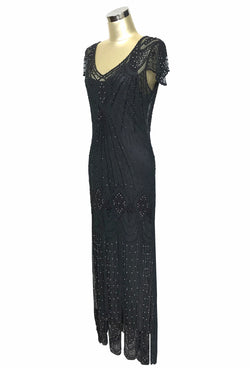 1920's Gatsby Flutter Sleeve Beaded Party Dress - The Starlet - Full-Length - Black Pearl - The Deco Haus