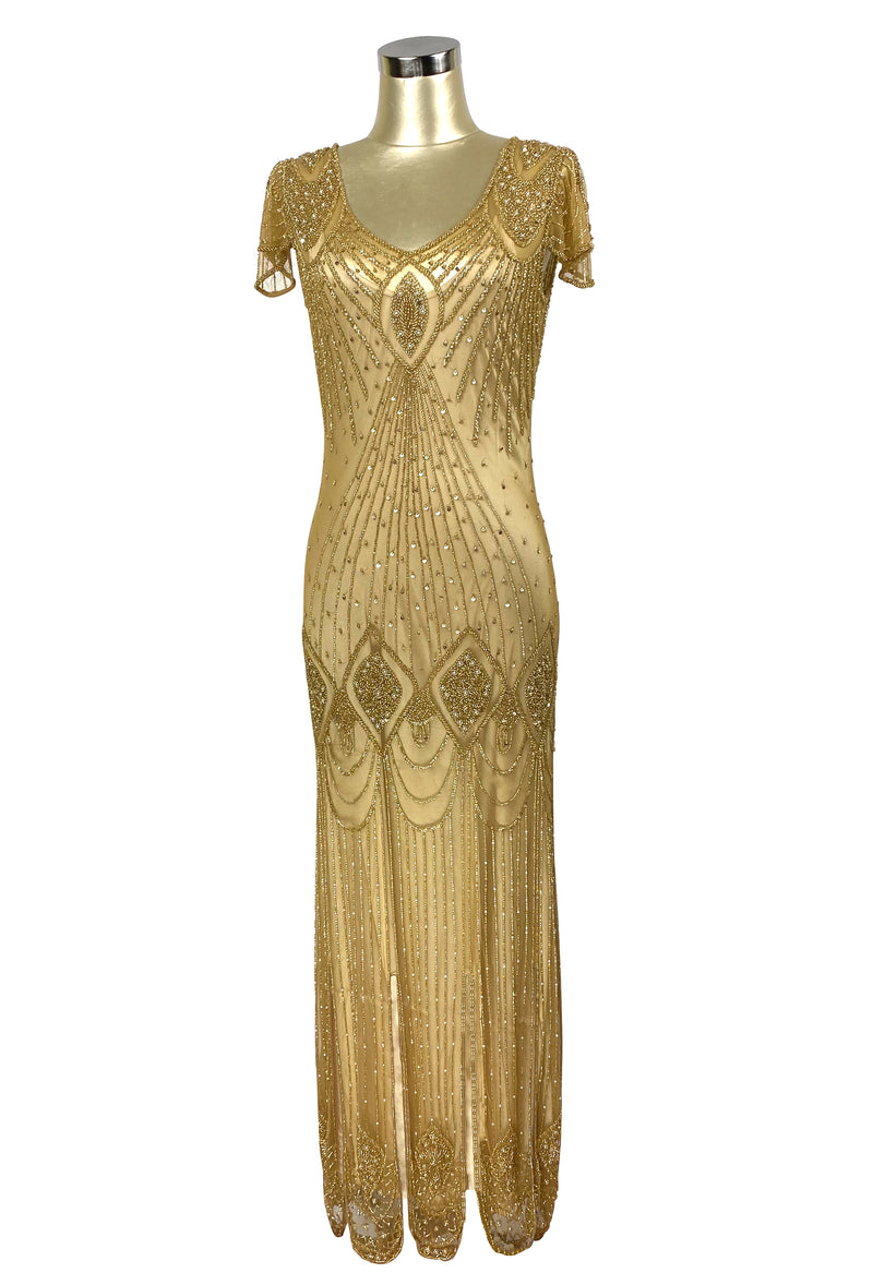 1920's Gatsby Flutter Sleeve Beaded Party Dress - The Starlet - Full-Length - Butterscotch Gold - The Deco Haus