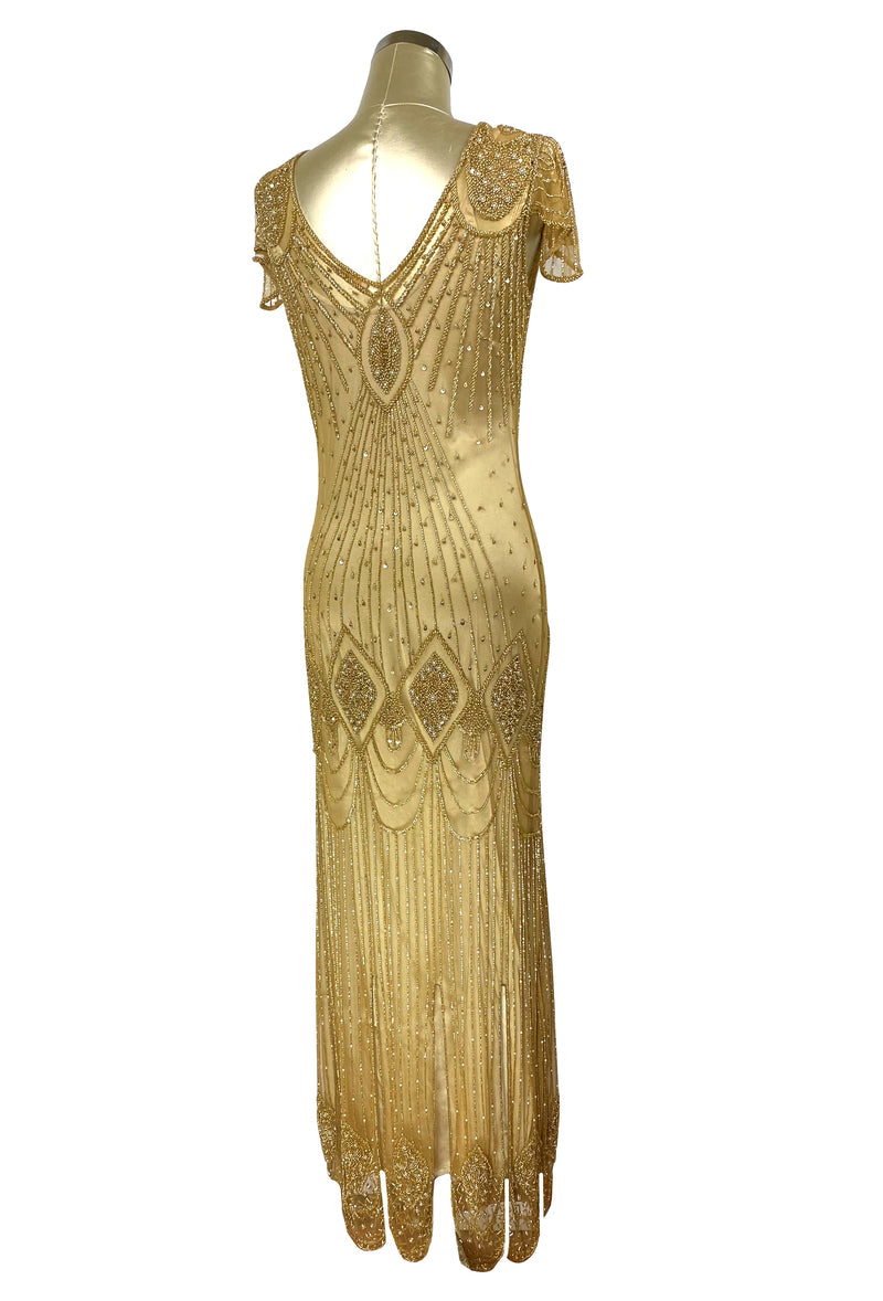1920's Gatsby Flutter Sleeve Beaded Party Dress - The Starlet - Full-Length - Butterscotch Gold - The Deco Haus