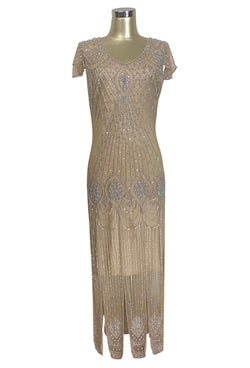 1920's Gatsby Flutter Sleeve Beaded Party Dress - The Starlet - Full-Length - Champagne Silver