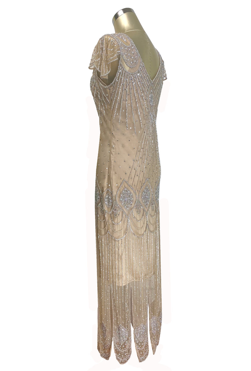 1920's Gatsby Flutter Sleeve Beaded Party Dress - The Starlet - Full-Length - Champagne Silver