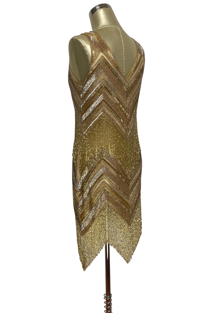 1920's Gatsby Party Dress - The Deco Chevron - Hollywood Gold S 1920's Gatsby Party Dress - The Deco Chevron - Hollywood Gold S