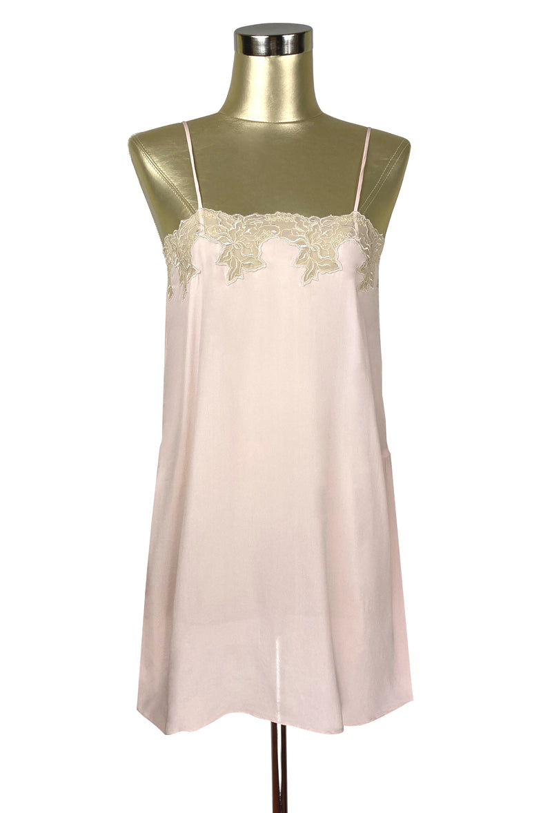 1920's Style 100% Silk Hand-Cut Lace Luxury Slip Dress - Champagne Pink