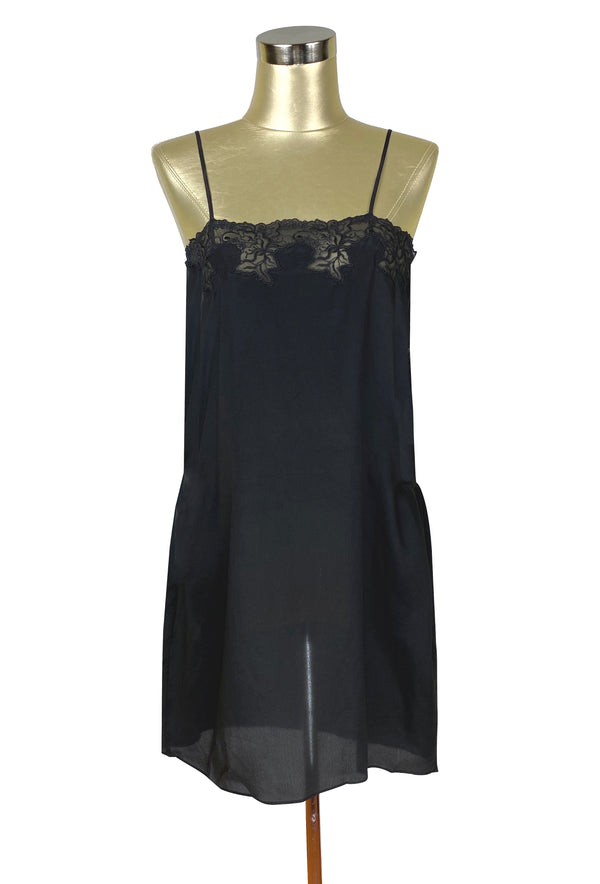 1920's Style 100% Silk Hand-Cut Lace Luxury Slip Dress - Licorice Black