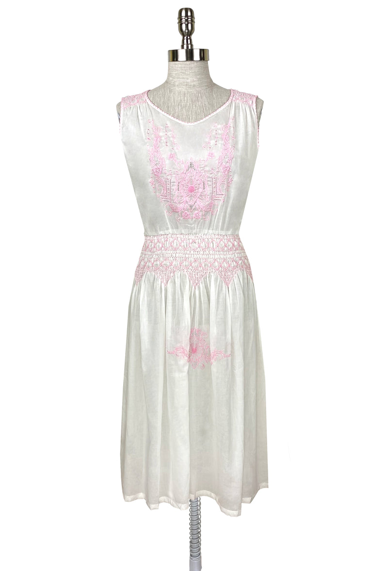 1920's Vintage Embroidered Silk Voile Provence Dress - Rouge Pink