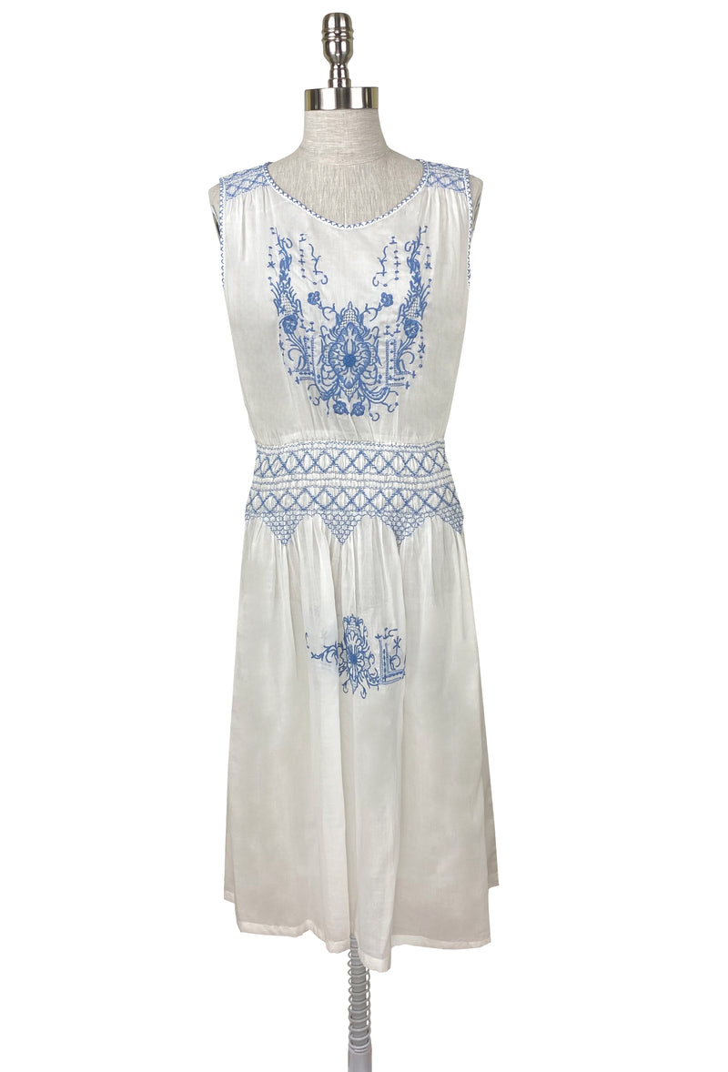 1920's Vintage Embroidered Silk Voile Provence Dress - French Blue