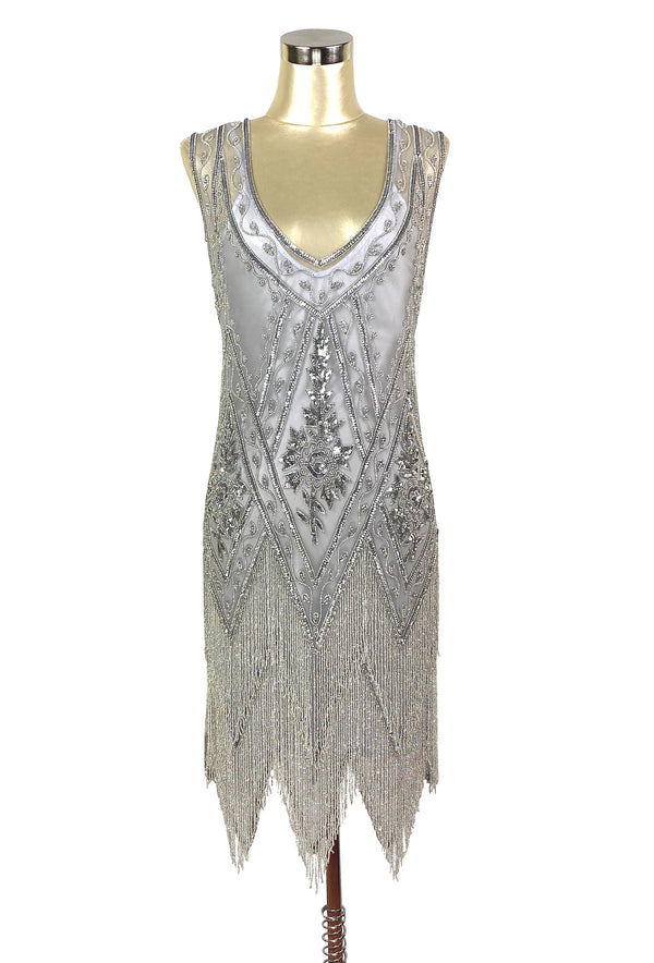 1920's Vintage Flapper Beaded Fringe Gatsby Gown - Cut Out Back - The Icon  - Light Silver