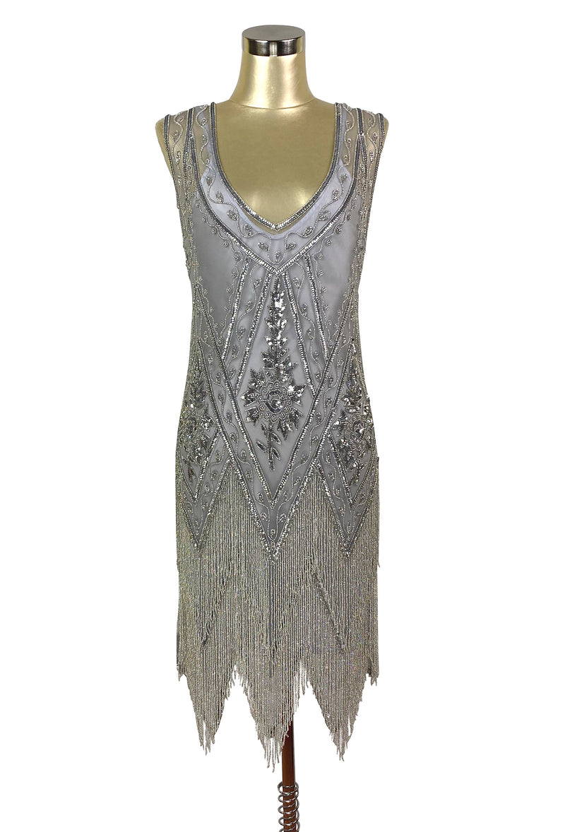 1920's Vintage Flapper Beaded Fringe Gatsby Gown - Cut Out Back - The Icon  - Silver - The Deco Haus
