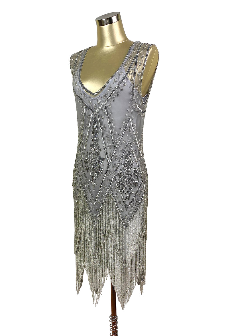 1920's Vintage Flapper Beaded Fringe Gatsby Gown - Cut Out Back - The Icon  - Silver - The Deco Haus