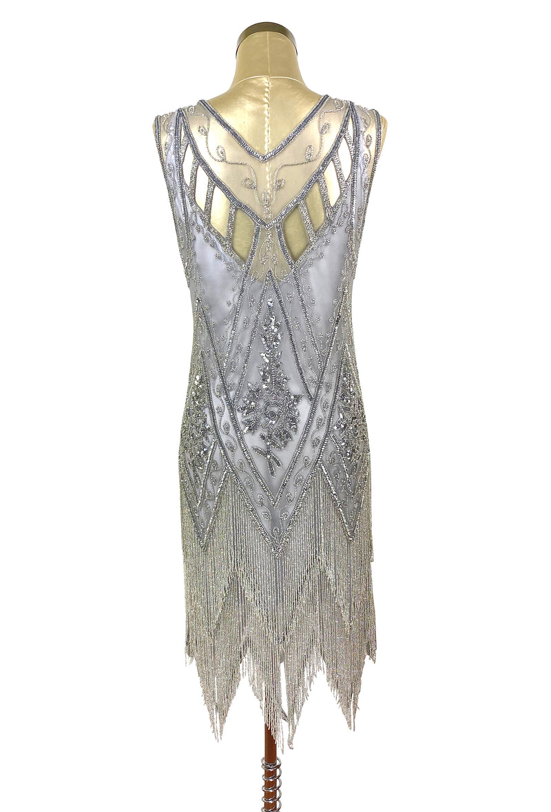 1920's Vintage Flapper Beaded Fringe Gatsby Gown - Cut Out Back - The Icon  - Light Silver