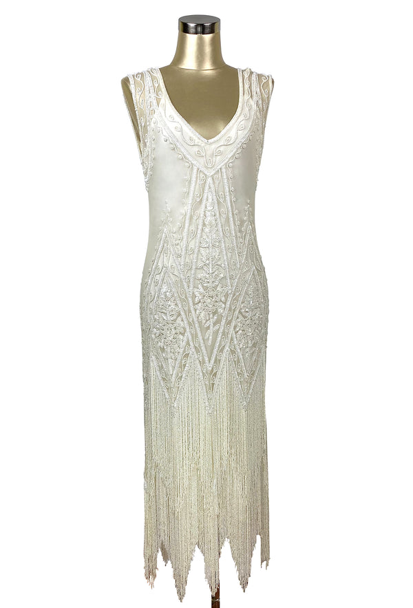 1920's Vintage Flapper Beaded Fringe Gatsby Gown - The Icon - Bone - Full-Length - The Deco Haus