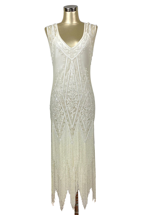 1920's Vintage Flapper Beaded Fringe Gatsby Gown - The Icon - Bone - Full-Length - The Deco Haus