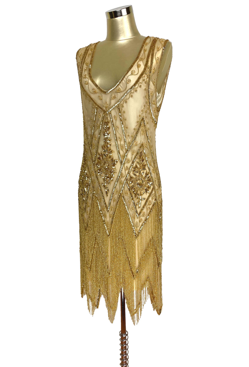 1920's Vintage Flapper Beaded Fringe Gatsby Gown - The Icon - Gold