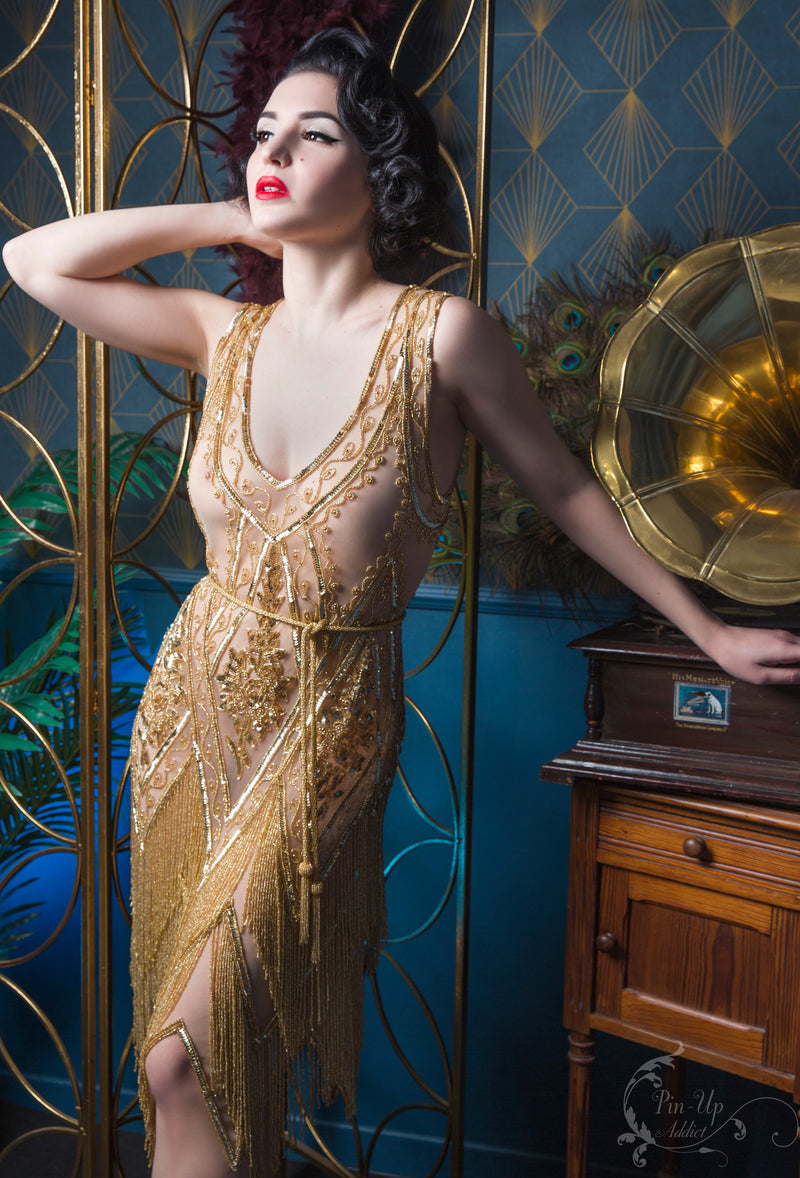 1920's Vintage Flapper Beaded Fringe Gatsby Gown - The Icon - Gold - The Deco Haus