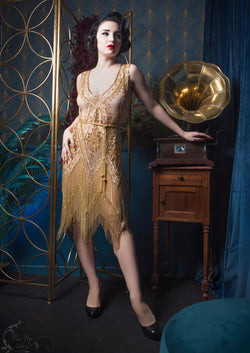 1920's Vintage Flapper Beaded Fringe Gatsby Gown - The Icon - Gold - The Deco Haus