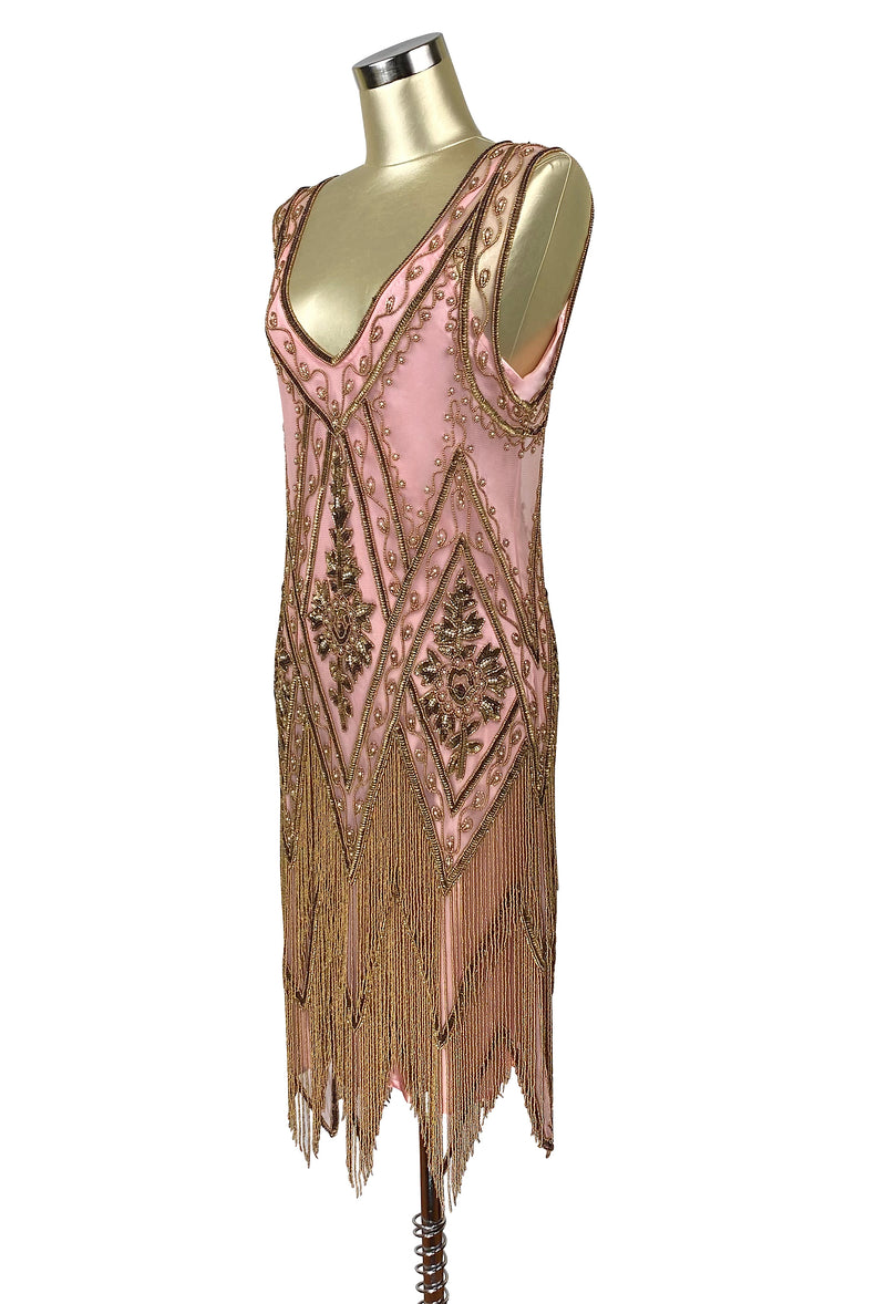 1920's Vintage Flapper Beaded Fringe Gatsby Party Gown - Cut Out Back - The Icon - Rose Gold - The Deco Haus