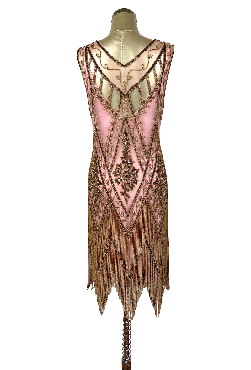 1920's Vintage Flapper Beaded Fringe Gatsby Party Gown - Cut Out Back - The Icon - Rose Gold - The Deco Haus
