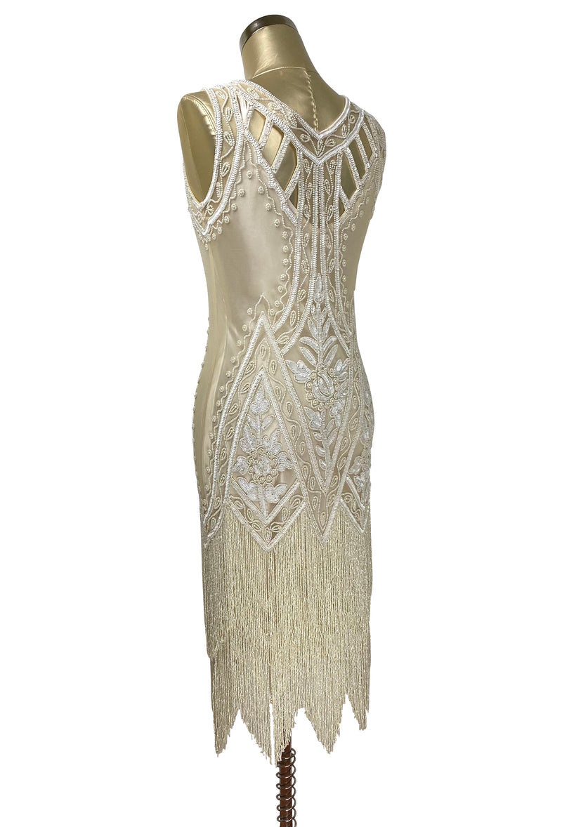 1920's Vintage Flapper Beaded Fringe Gatsby Wedding Bridal Gown - Cut Out Back - The Icon - Creme Pearl
