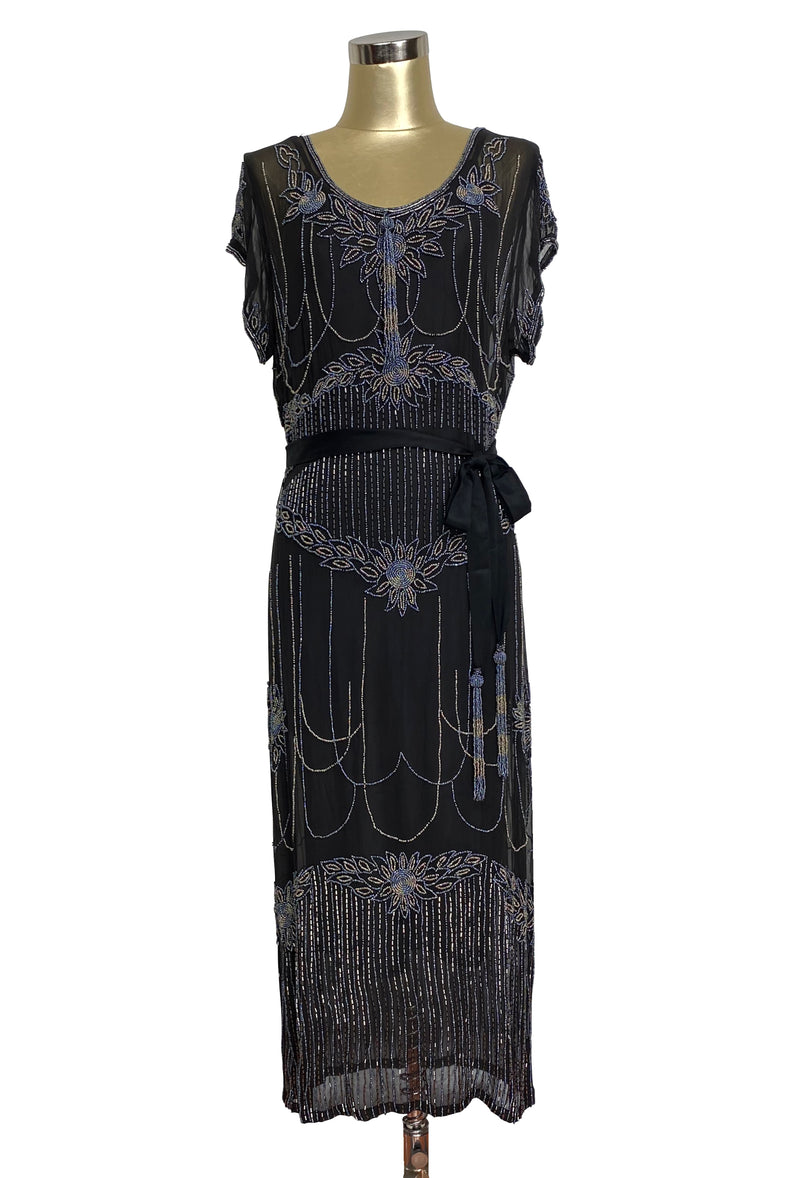 1920's Vintage Hip Sash Beaded Gatsby Georgette Gown - The Corsage - Black