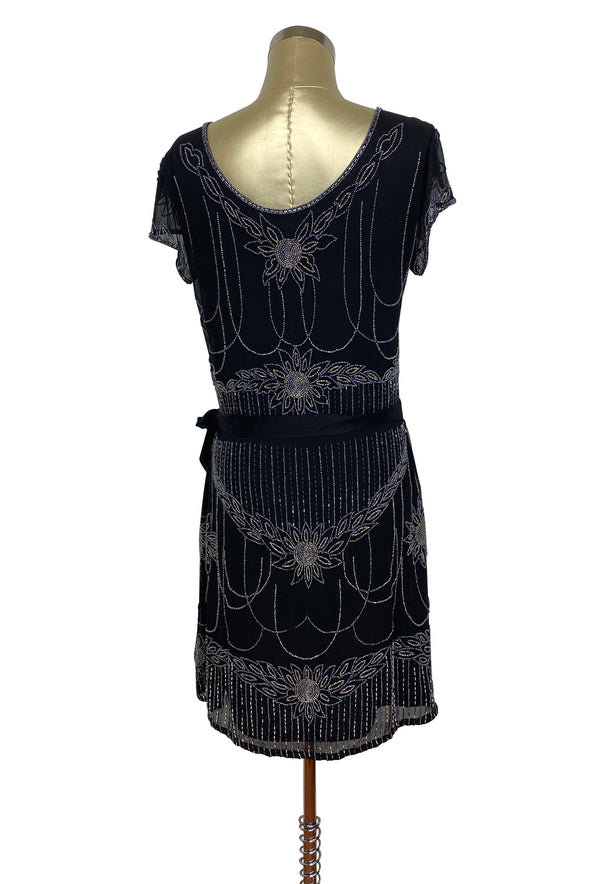 1920's Vintage Hip Sash Beaded Gatsby Cocktail Dress - The Corsage - Black