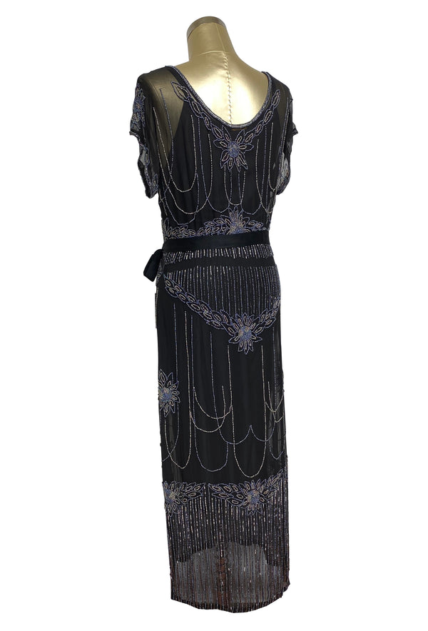 1920's Vintage Hip Sash Beaded Gatsby Georgette Gown - The Corsage - Black