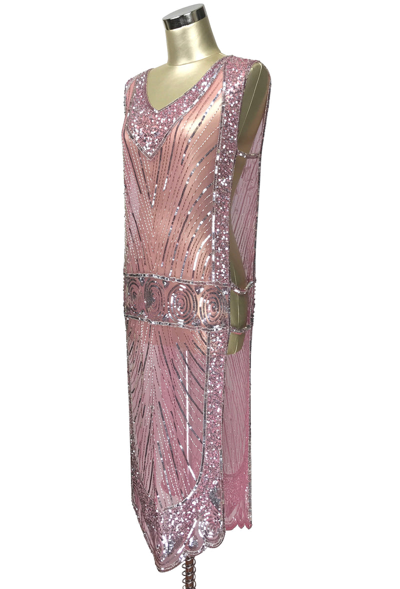 1920's Beaded Vintage Deco Tabard Panel Gown - The Modernist - Silver on Vintage Pink - The Deco Haus