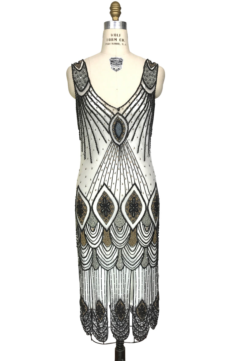 1920's Flapper Carwash Hem Beaded Party Dress - The Starlet - Midi - Black on White - The Deco Haus