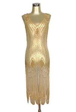 1920's Flapper Carwash Hem Beaded Party Dress - The Starlet - Midi - Butterscotch Gold - The Deco Haus