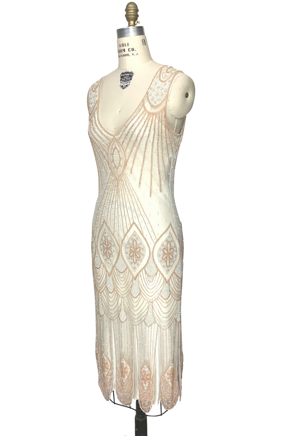 1920's Flapper Carwash Hem Beaded Party Dress - The Starlet - Midi - Peaches & Cream - The Deco Haus