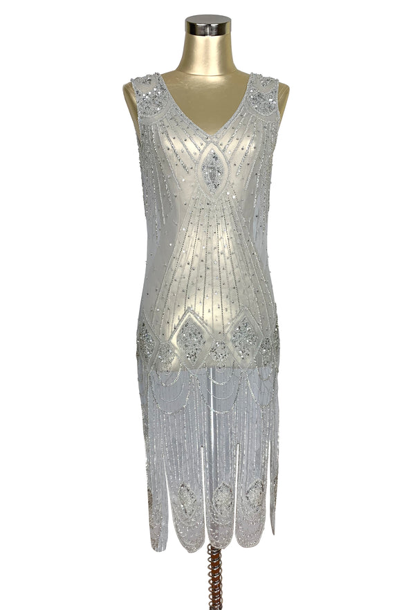 1920's Flapper Carwash Hem Beaded Party Dress - The Starlet - Midi - Silver - The Deco Haus
