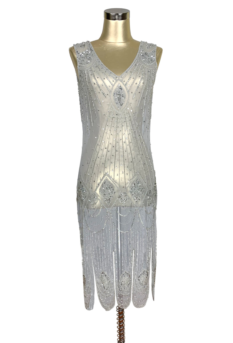 1920's Flapper Carwash Hem Beaded Party Dress - The Starlet - Midi - Silver - The Deco Haus