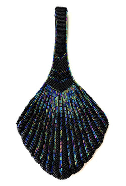 1920's Hand Beaded Deco Fan Wristlet Evening Purse - Black Aurora The Deco Haus
