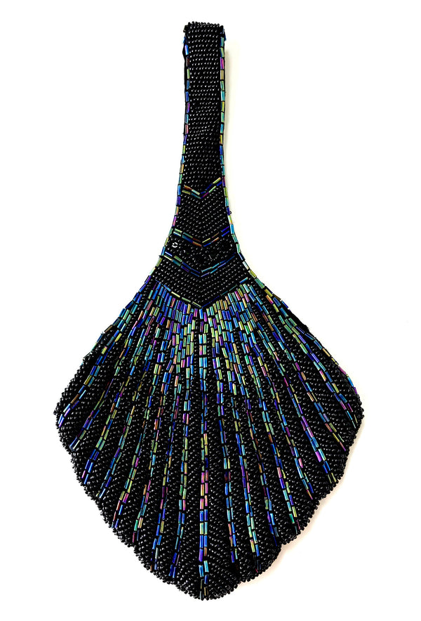 1920's Hand Beaded Deco Fan Wristlet Evening Purse - Black Aurora The Deco Haus