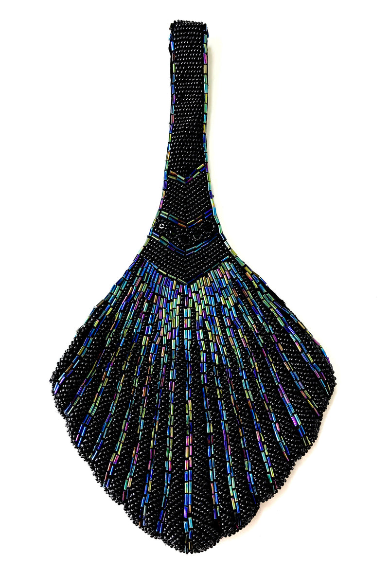 1920's Hand Beaded Deco Fan Wristlet Evening Purse - Black Aurora The Deco Haus