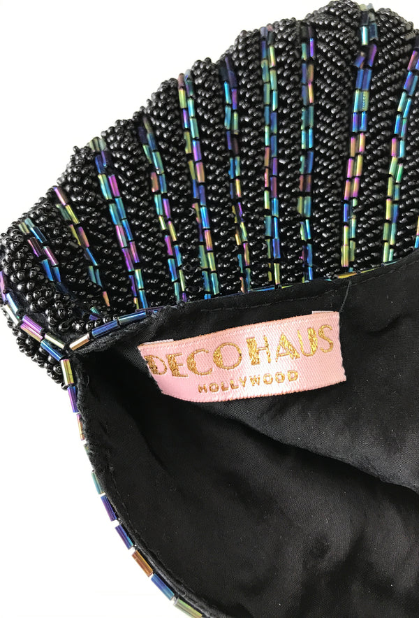 1920's Hand Beaded Deco Fan Wristlet Evening Purse - Black Aurora The Deco Haus