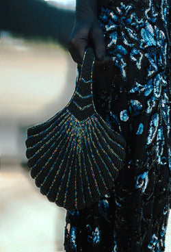 1920's Hand Beaded Deco Fan Wristlet Evening Tote - Large - Black Iridescent - The Deco Haus