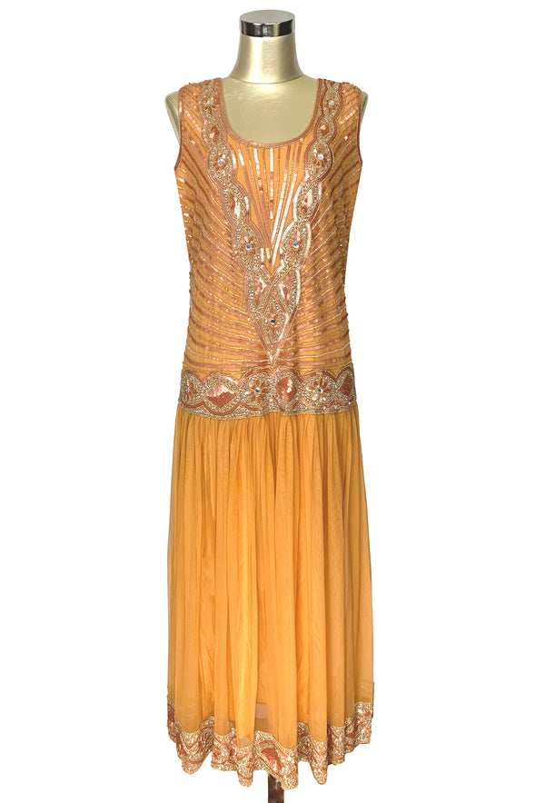 1920's Vintage Mesh Beaded Bohemian Gatsby Party Gown - Tangerine - The Deco Haus