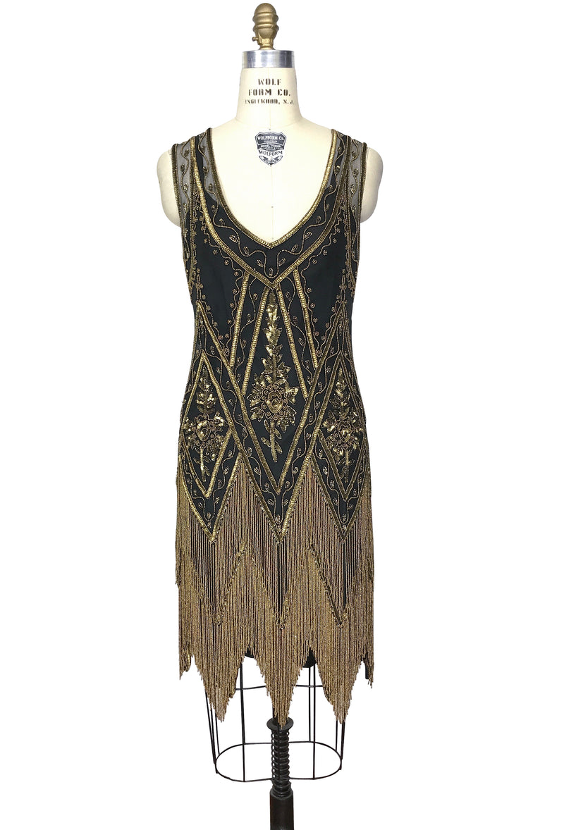 1920's Vintage Flapper Beaded Fringe Gatsby Gown - The Icon - Black Deco Bronze - The Deco Haus