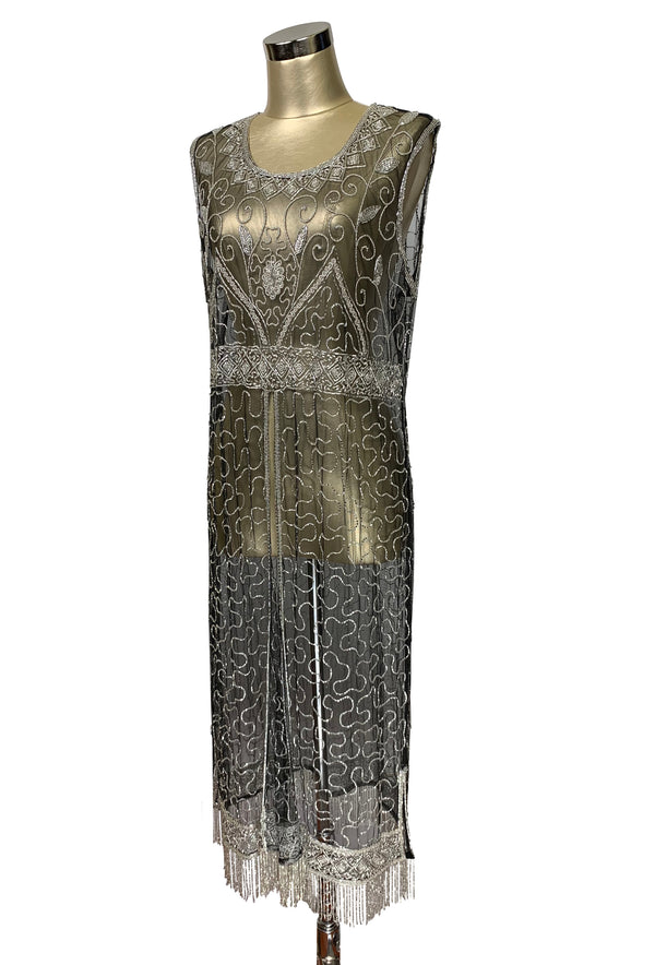 1920's Vintage Panel Fringe Party Dress - The Titanic - Silver on Black - The Deco Haus