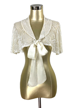 1920s Beaded Silk Bow Flapper Capelet - The Garbo - Ivory Pearl - The Deco Haus