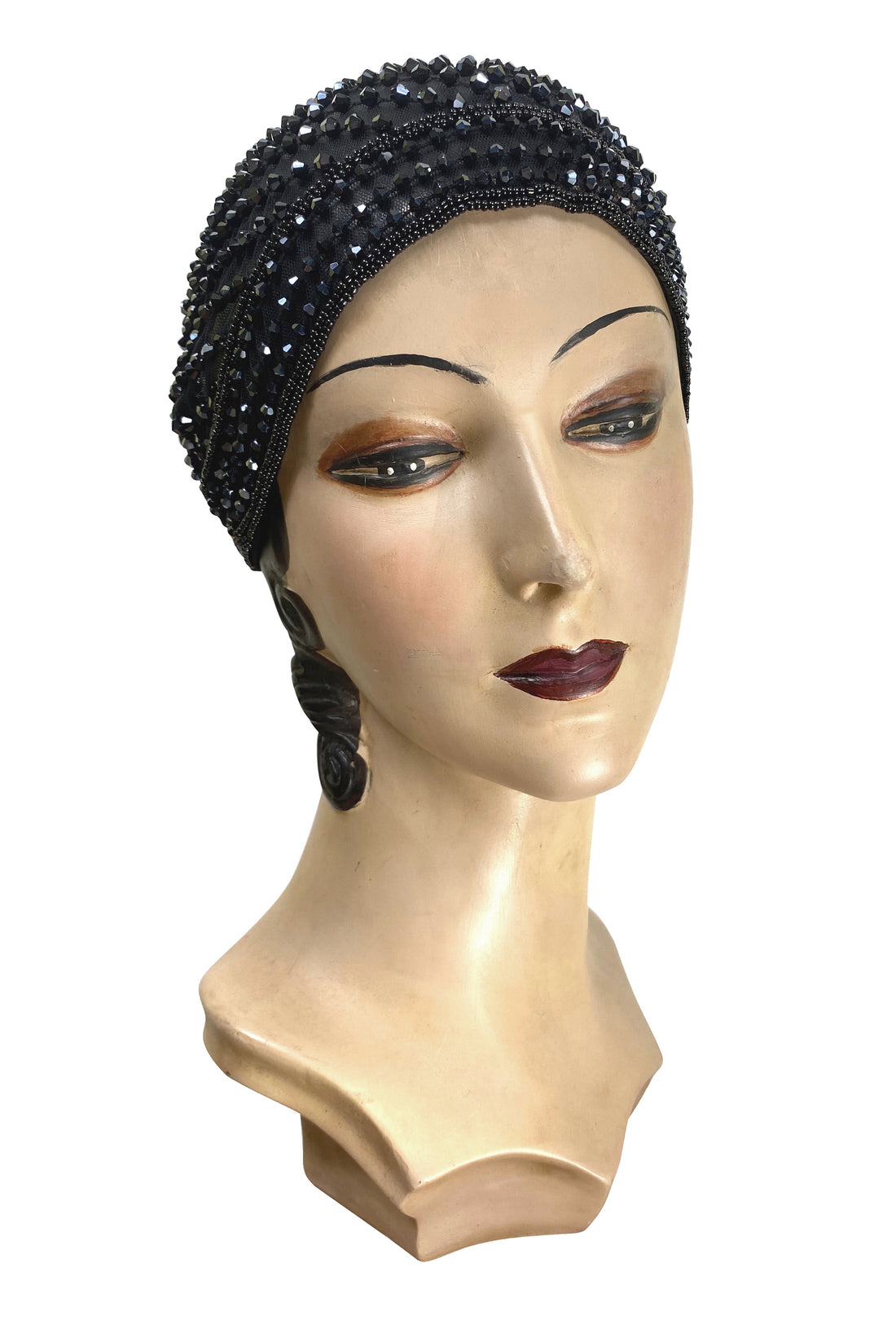 1920s Hand Beaded Gatsby Flapper Party Cap - The Garçonne - Black Jet The Deco Haus